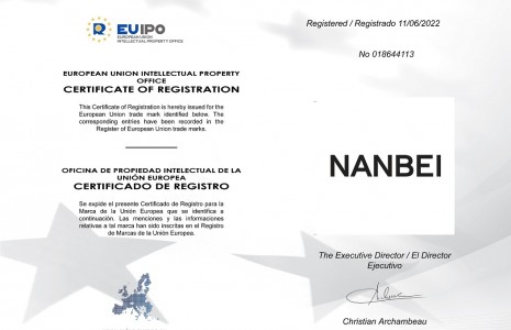 南北仪器欧盟商标NANBEI正式通过注册认证，注册号：018644113